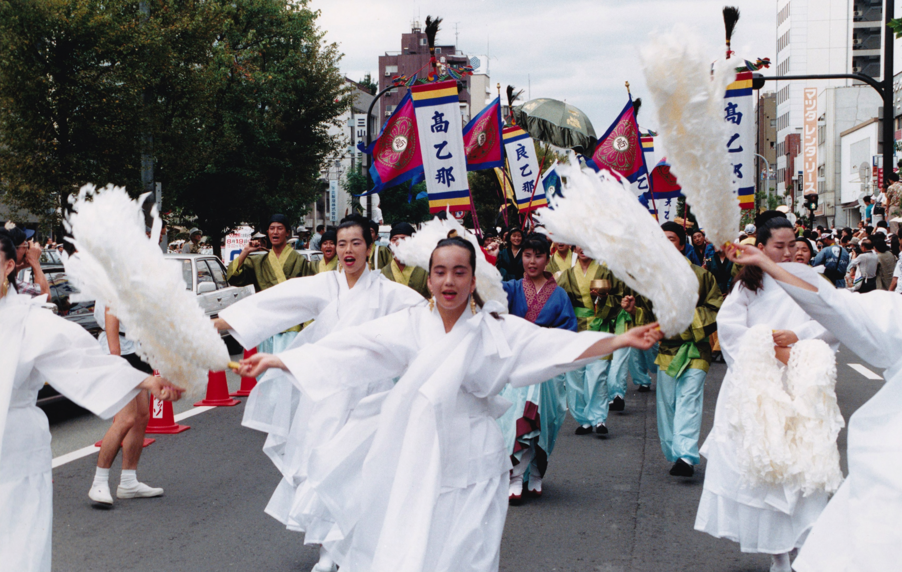 _ Ethnic Korean performers in Japan turn out for the colorful Shitennoji Wasso Festival, a parade that annually re-enacts ancient imperial court rituals. Tanimachi boulevard, Tennoji ward, Osaka.  _ Ethnic Korean performers in Japan turn out for the colorful Shitennoji Wasso Festival, a parade that annually re-enacts ancient imperial court rituals. Tanimachi boulevard, Tennoji ward, Osaka.